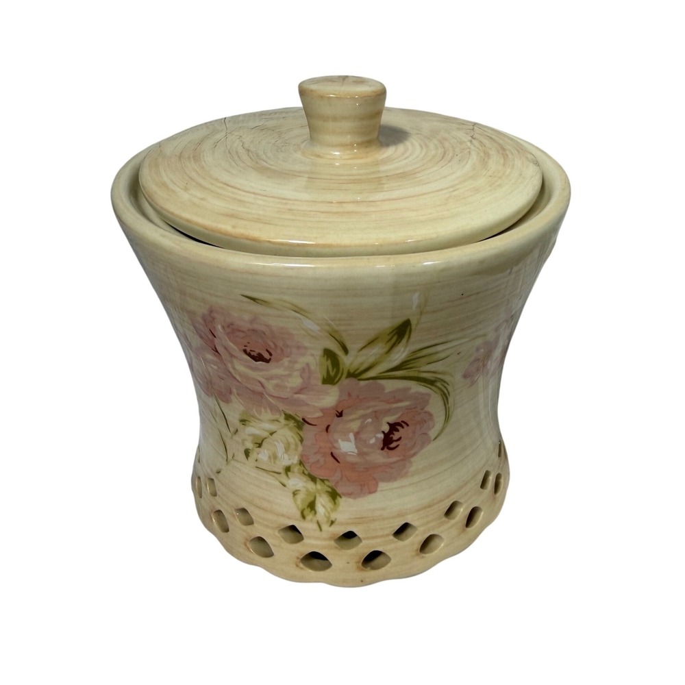 Laura Ashley Lifestyles Ceramic Floral Canister Jar Lid Pink Rose Pierced Base